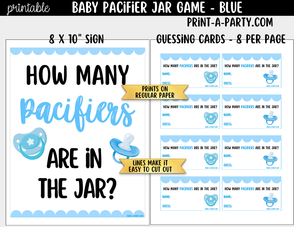 How Many Pacifiers in the Jar Guessing Game - Blue Baby Boy Shower