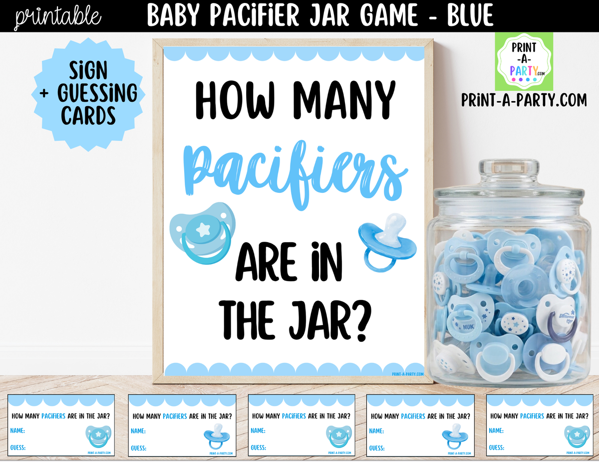 How Many Pacifiers in the Jar Guessing Game - Blue Baby Boy Shower