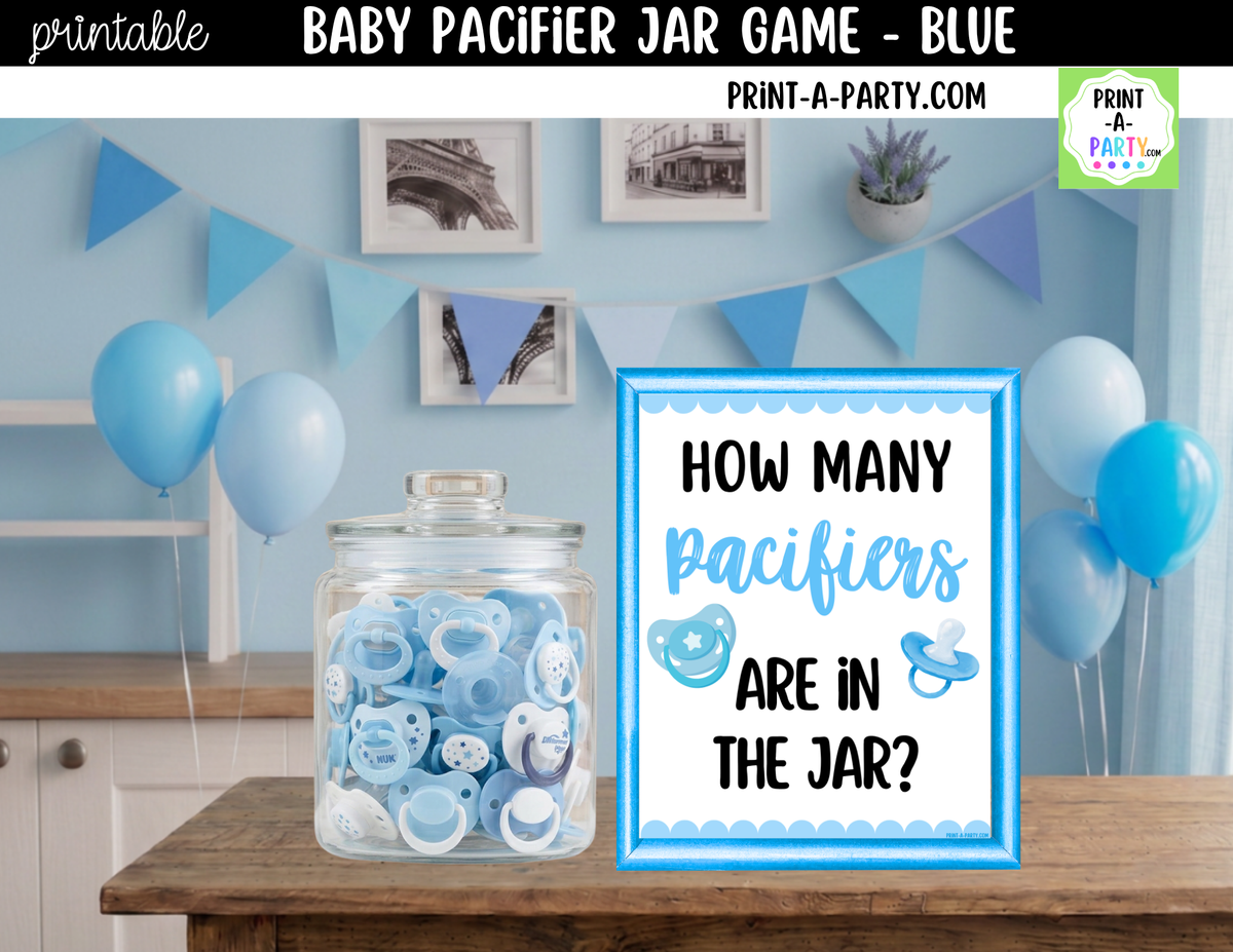How Many Pacifiers in the Jar Guessing Game - Blue Baby Boy Shower