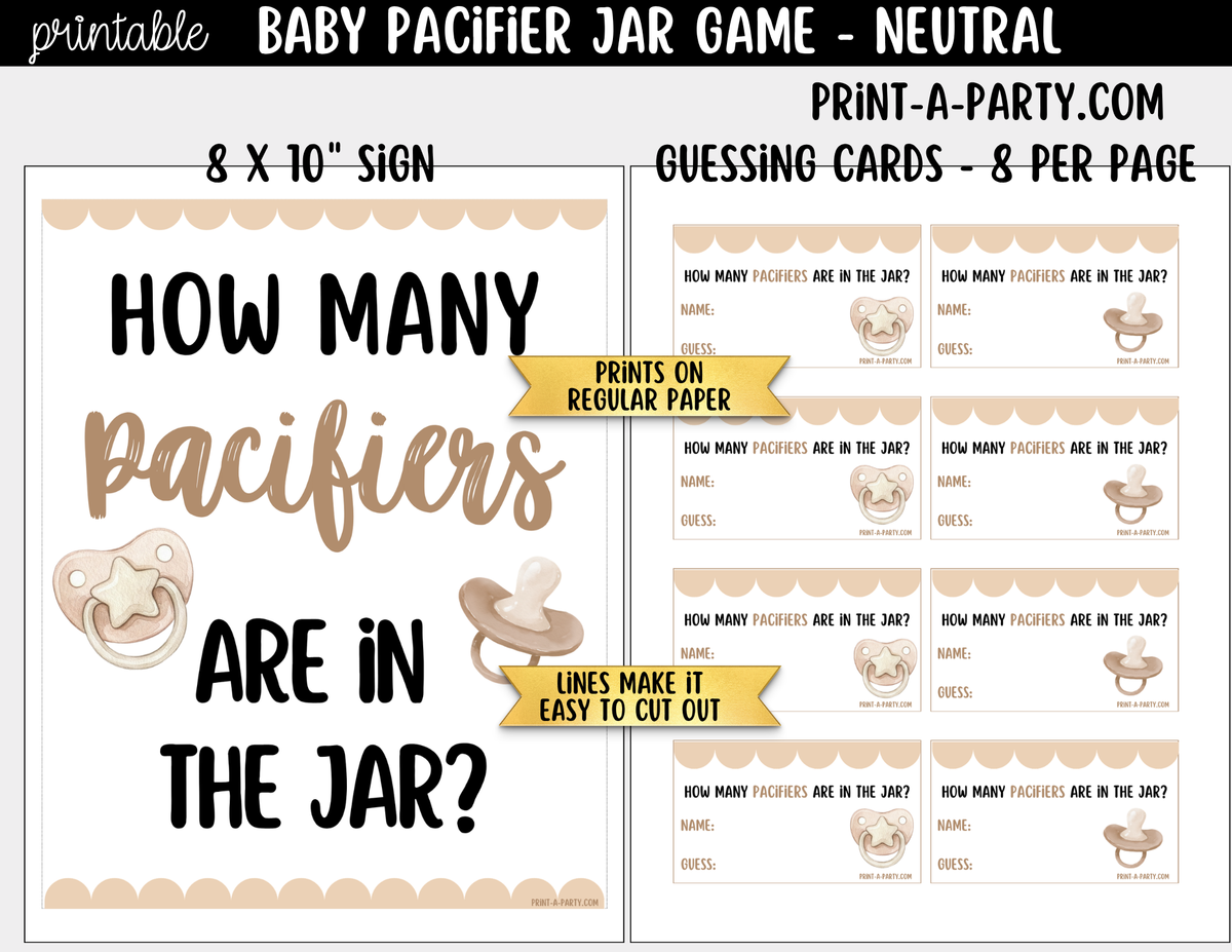 How Many Pacifiers in the Jar Guessing Game - Gender Neutral Baby Shower