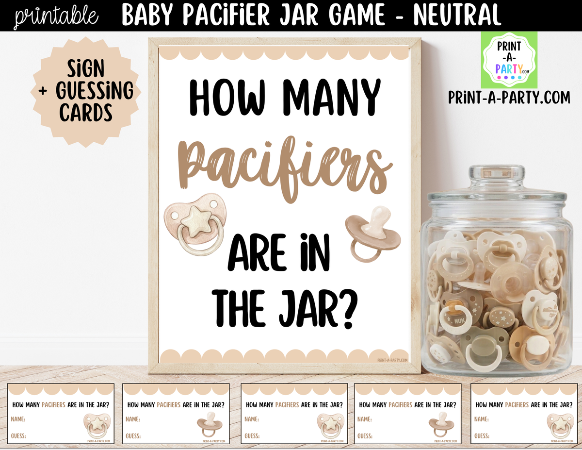 How Many Pacifiers in the Jar Guessing Game - Gender Neutral Baby Shower