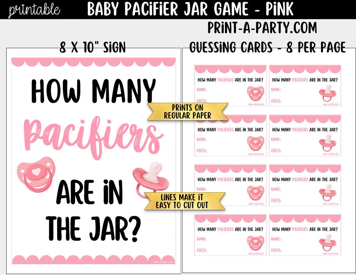 How Many Pacifiers in the Jar Guessing Game - Pink Baby Girl Shower