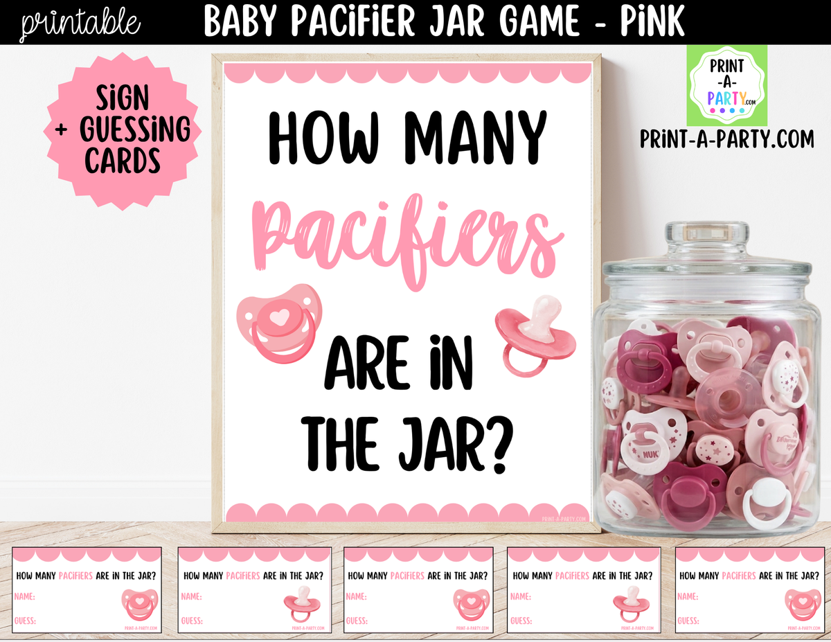 How Many Pacifiers in the Jar Guessing Game - Pink Baby Girl Shower