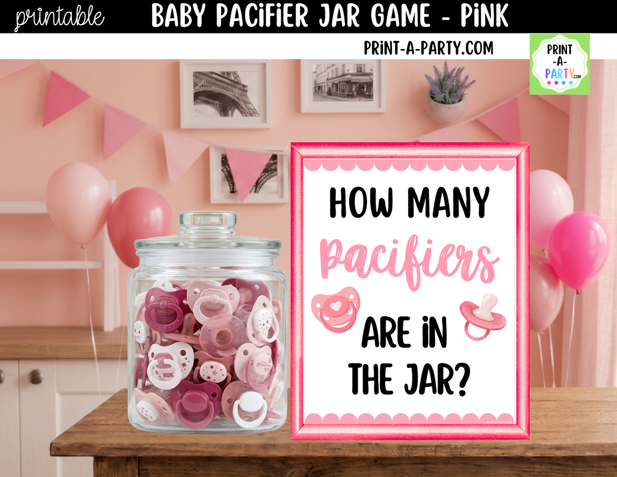 How Many Pacifiers in the Jar Guessing Game - Pink Baby Girl Shower