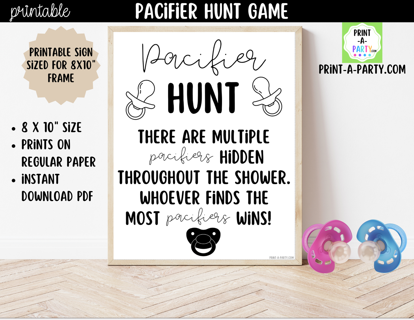 Pacifier Hunt Game Printable Sign (8x10) – For Baby Showers or Events