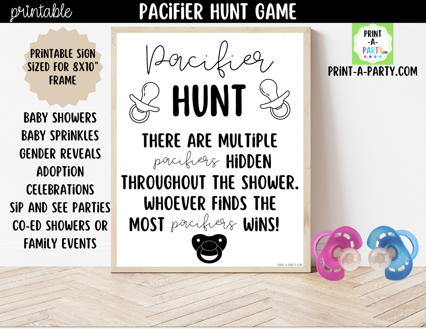 Pacifier Hunt Game Printable Sign (8x10) – For Baby Showers or Events