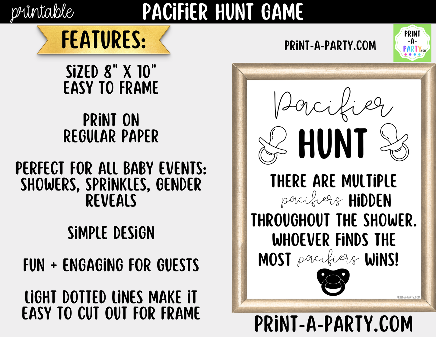 Pacifier Hunt Game Printable Sign (8x10) – For Baby Showers or Events