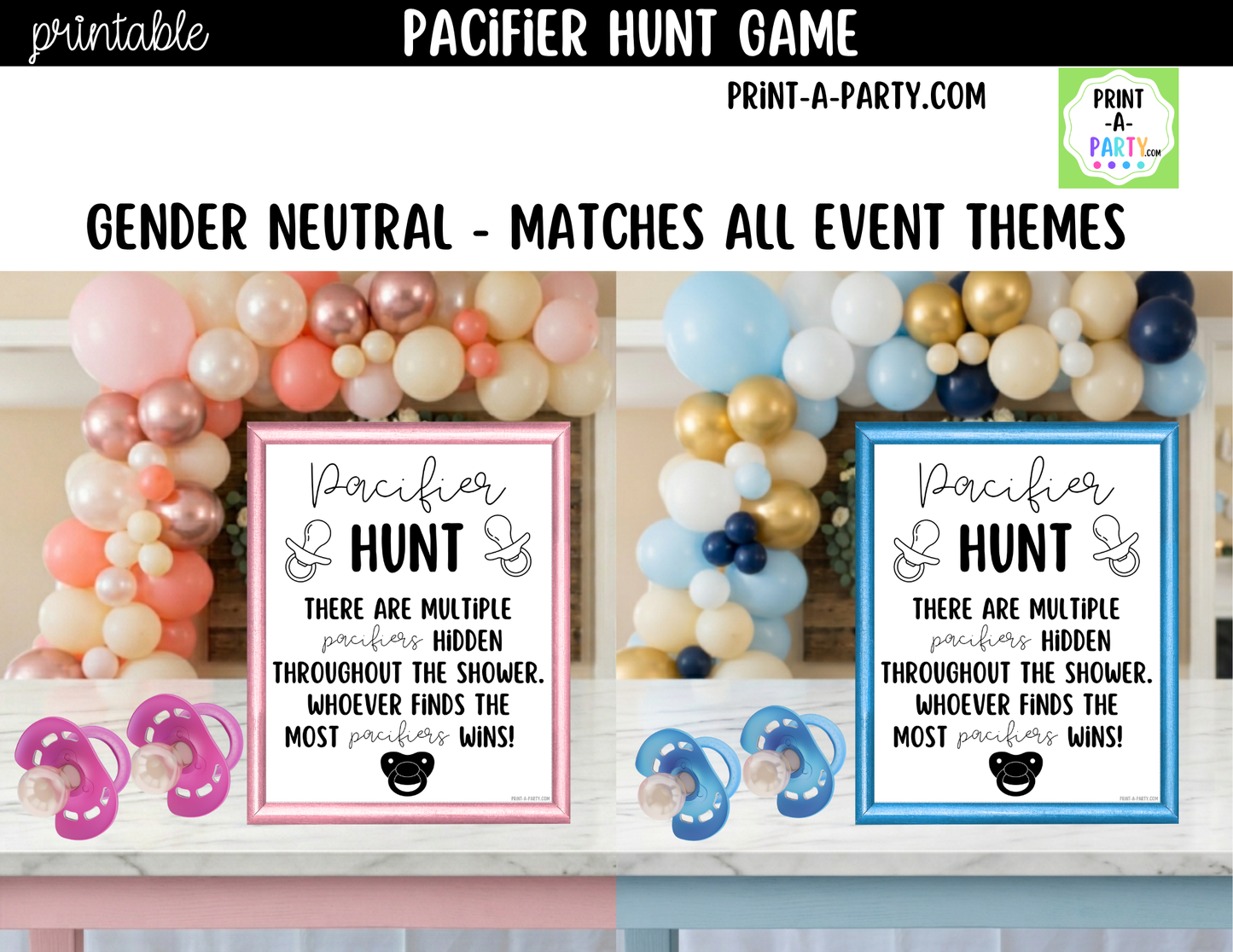 Pacifier Hunt Game Printable Sign (8x10) – For Baby Showers or Events
