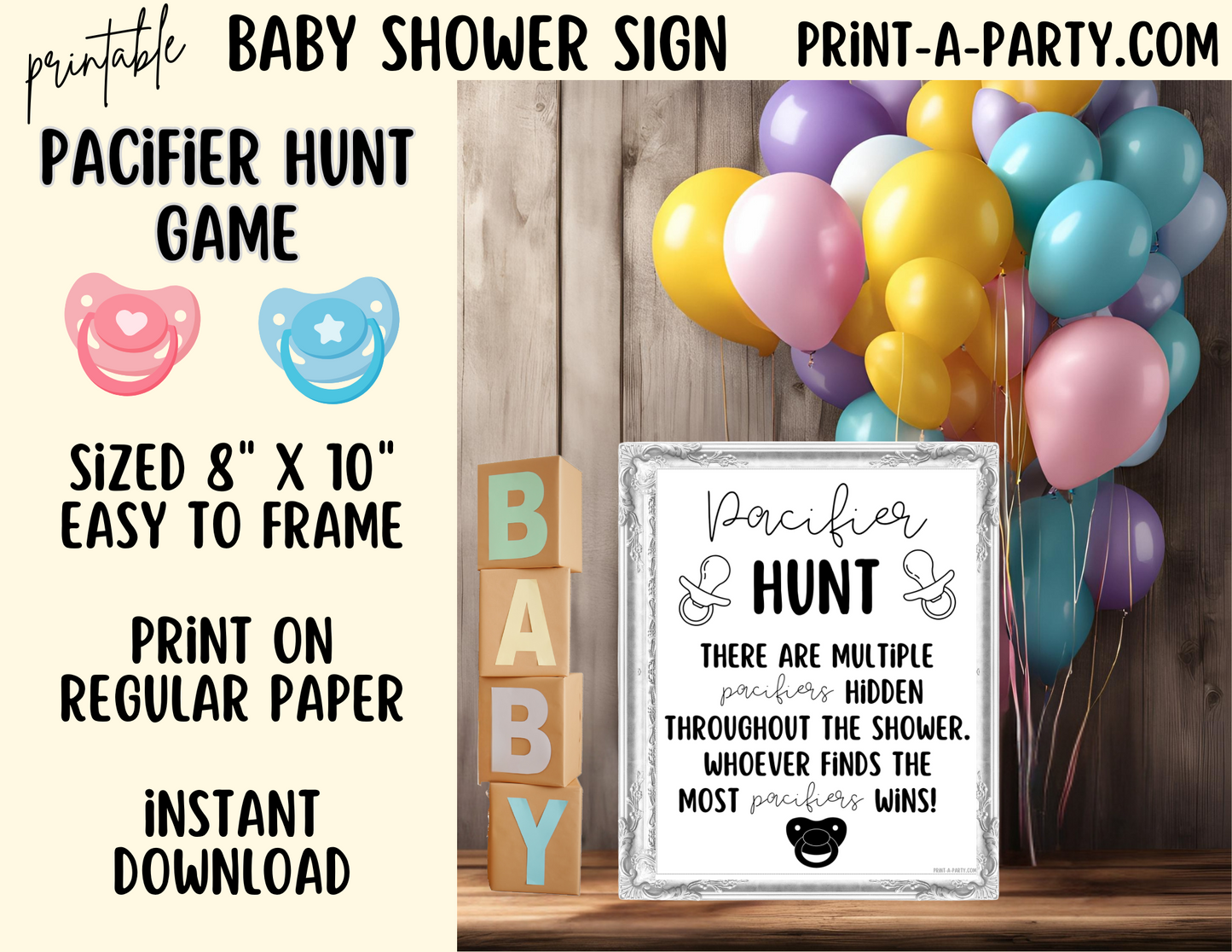 BABY SHOWER SIGN - PACIFIER HUNT Game | Baby Pacifier Game | Baby Shower | Baby Sprinkle | Gender Reveal | Adoption Party