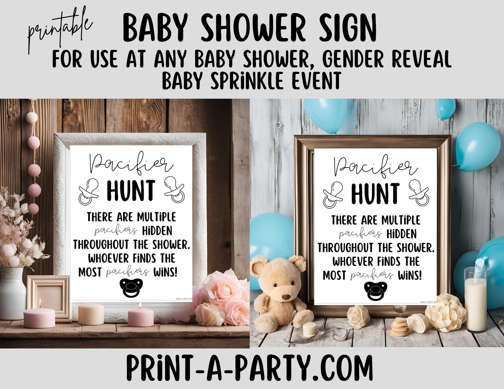 PACIFIER HUNT Game Sign Printable - Fun Baby Shower Game for Gender Re ...