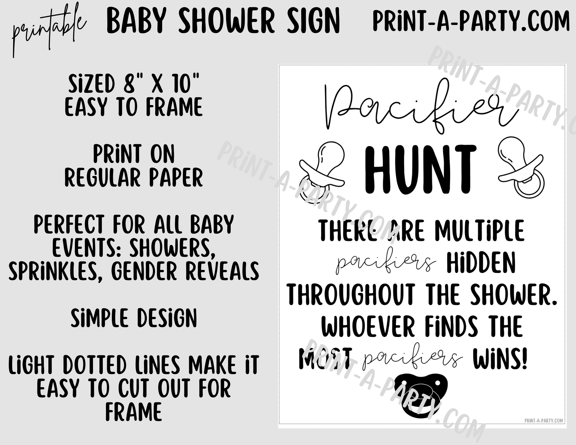 PACIFIER HUNT Game Sign Printable - Fun Baby Shower Game for Gender Re ...