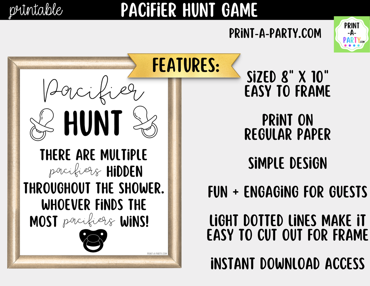Pacifier Hunt Game Printable Sign – Baby Shower Party Game