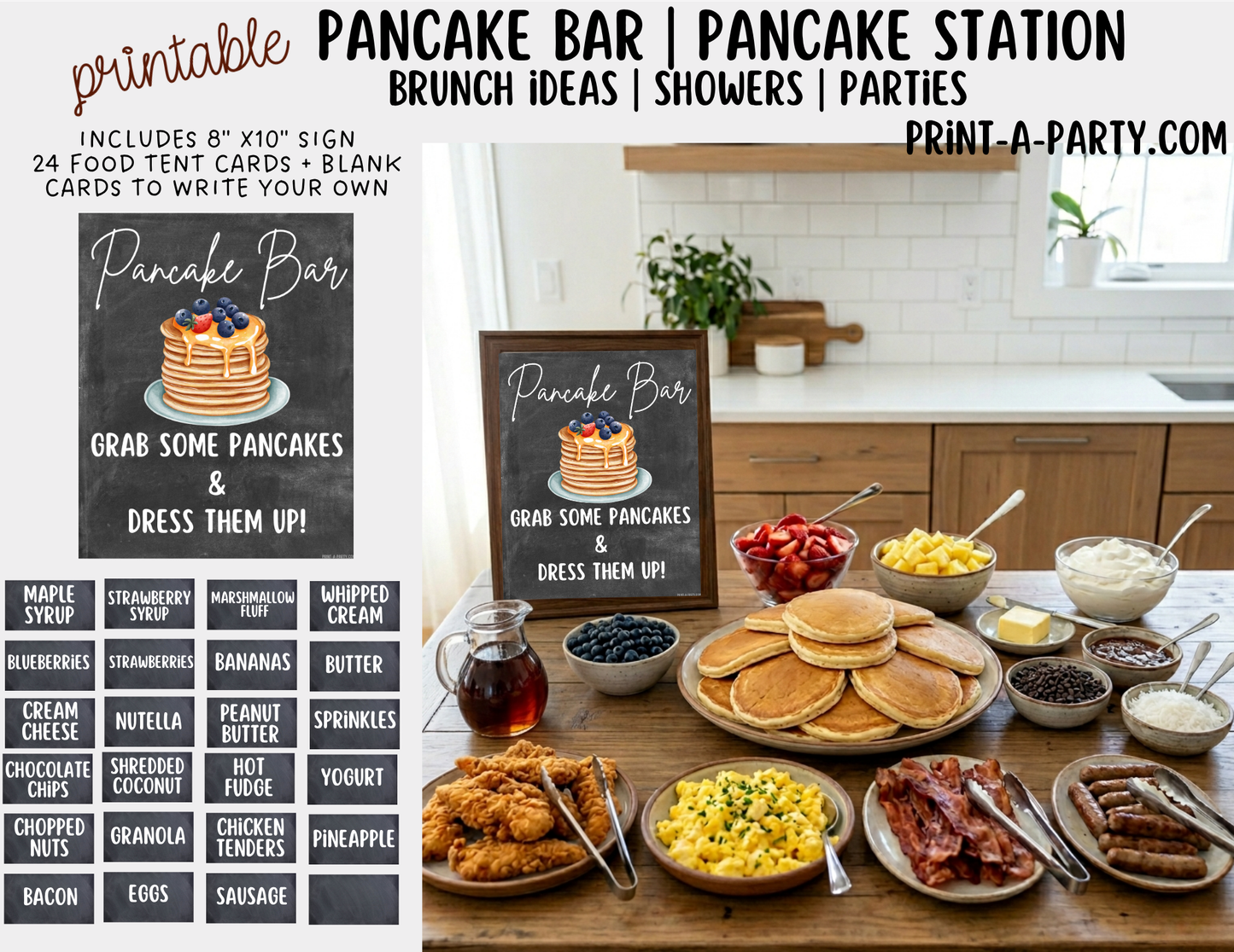 Pancake Bar Sign (8x10) + Topping Tent Cards - Printable Brunch Buffet Decor