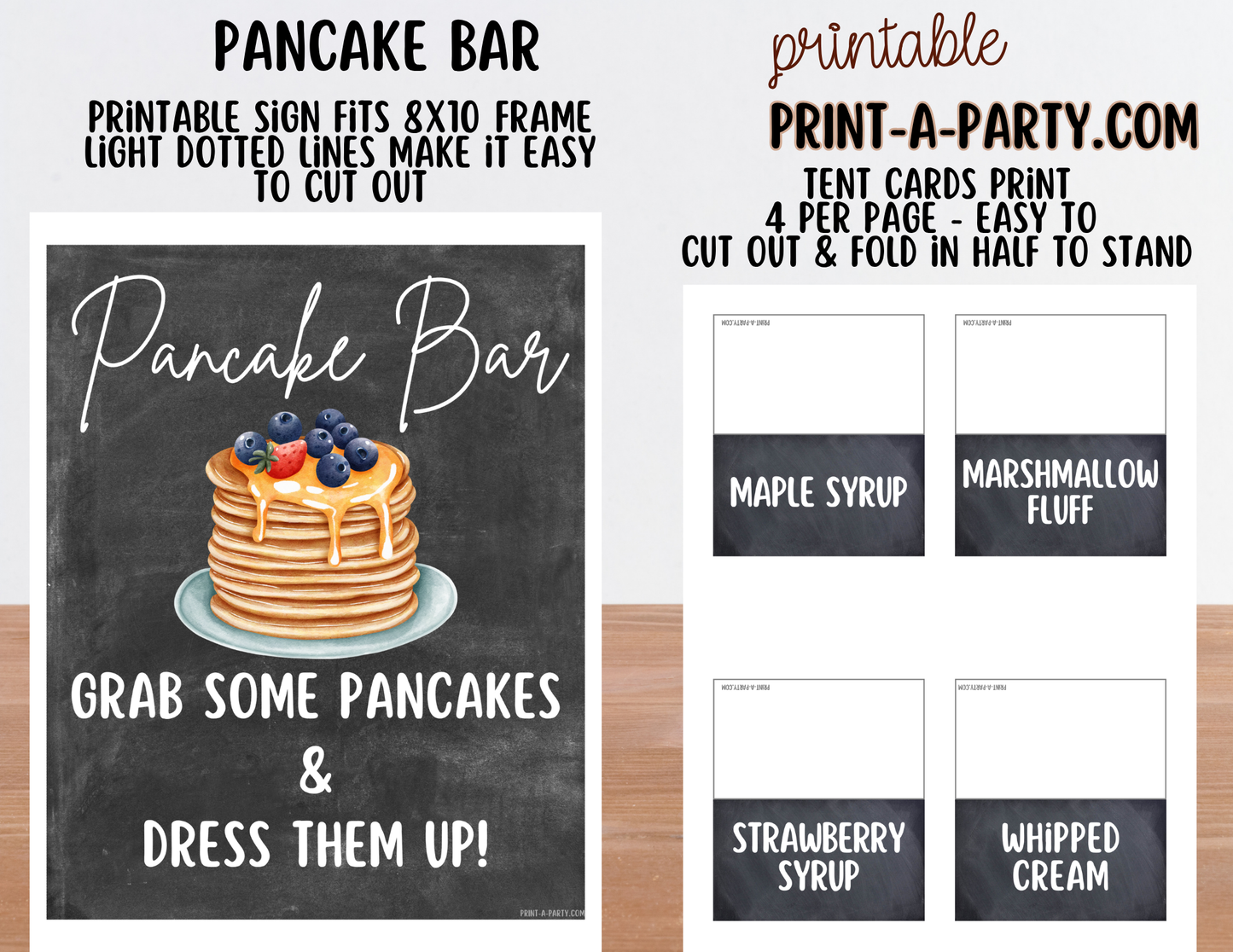 Pancake Bar Sign (8x10) + Topping Tent Cards - Printable Brunch Buffet Decor