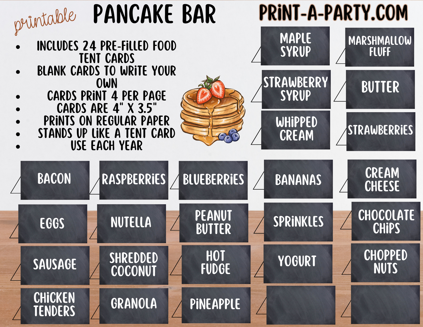 Pancake Bar Sign (8x10) + Topping Tent Cards - Printable Brunch Buffet Decor