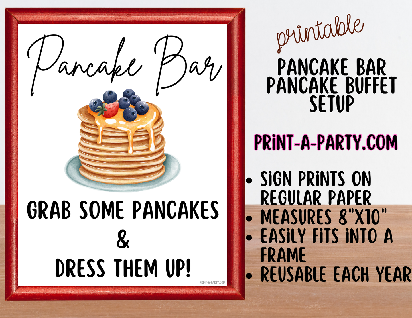 Pancake Bar Sign (8x10) + Topping Tent Cards - Printable Brunch Buffet Decor