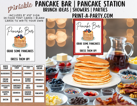 PANCAKE BAR - Printable White Pancake Bar Sign & Topping Labels – Perfect for Brunches, Showers, Birthdays Slumber Parties & More