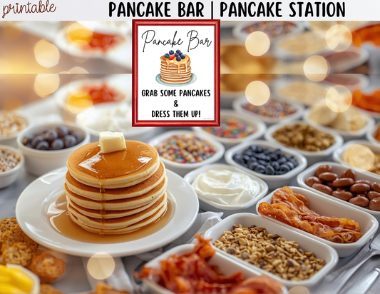 PANCAKE BAR - Printable White Pancake Bar Sign & Topping Labels – Perfect for Brunches, Showers, Birthdays Slumber Parties & More