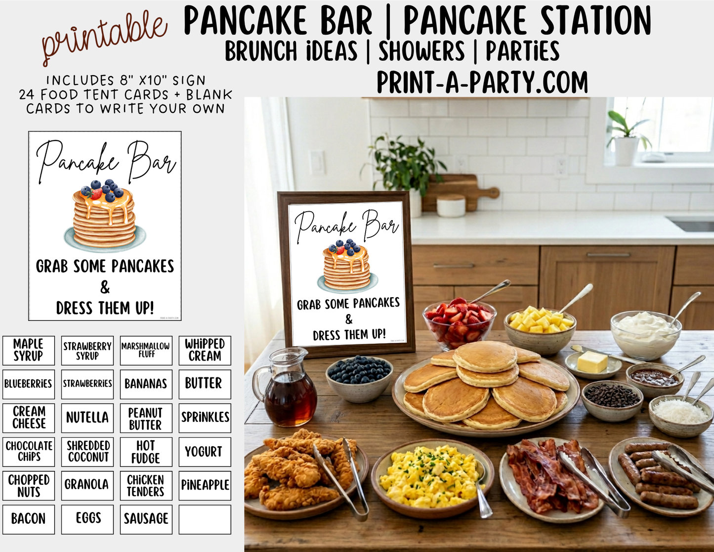 Pancake Bar Sign (8x10) + Topping Tent Cards - Printable Brunch Buffet Decor