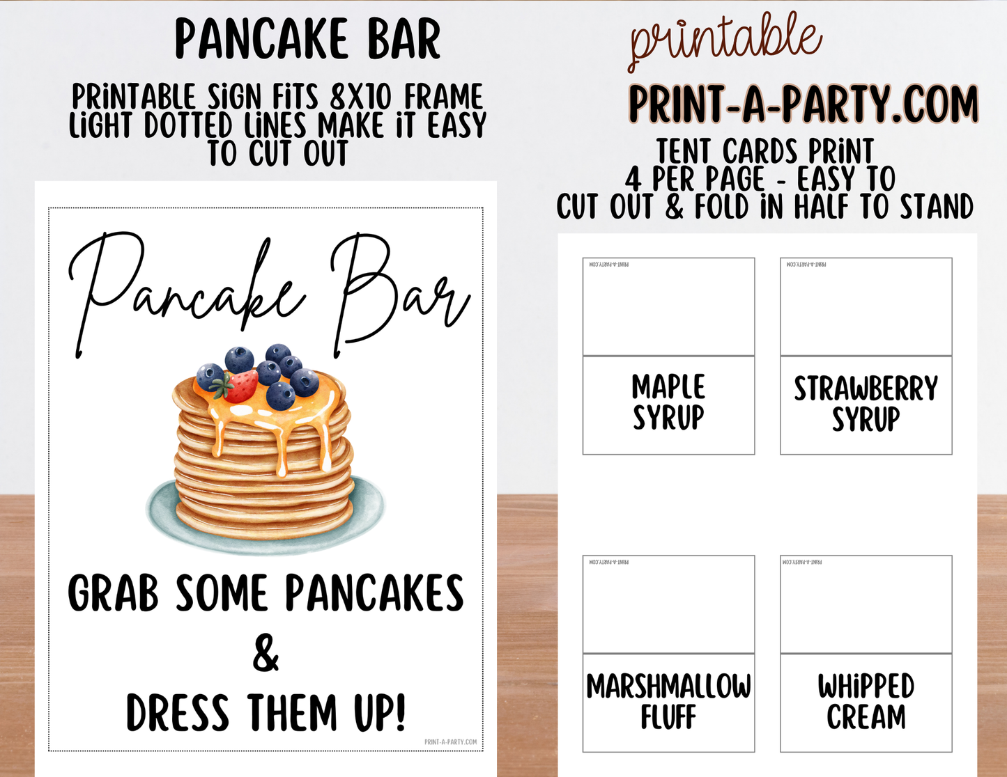 Pancake Bar Sign (8x10) + Topping Tent Cards - Printable Brunch Buffet Decor