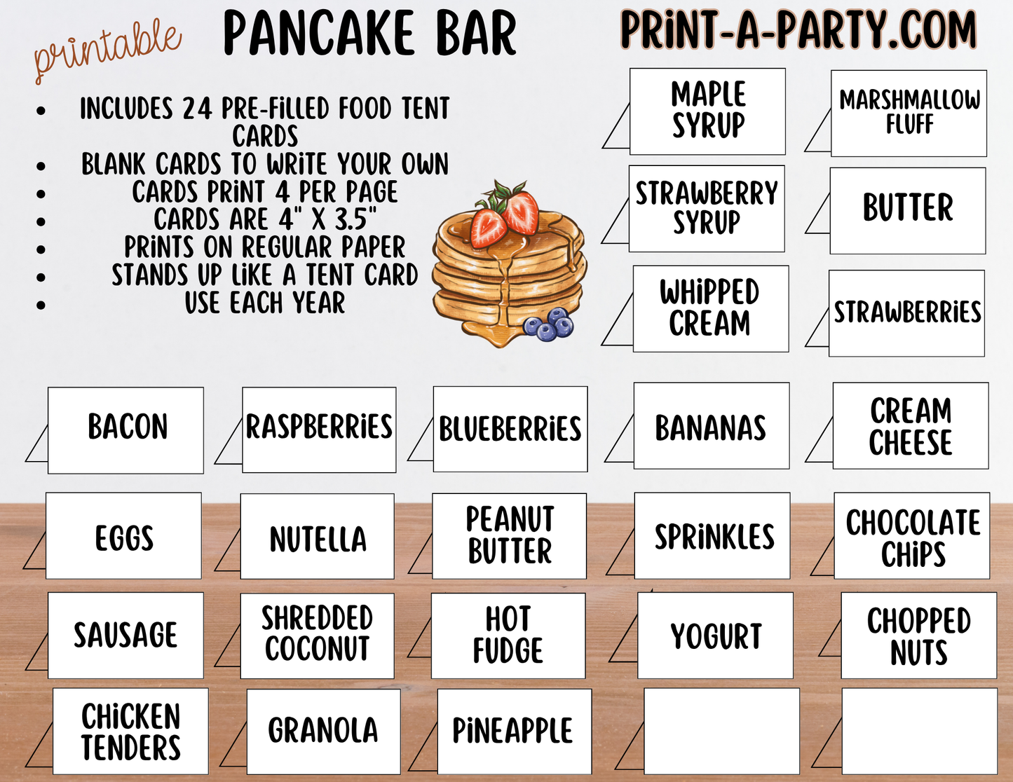 Pancake Bar Sign (8x10) + Topping Tent Cards - Printable Brunch Buffet Decor