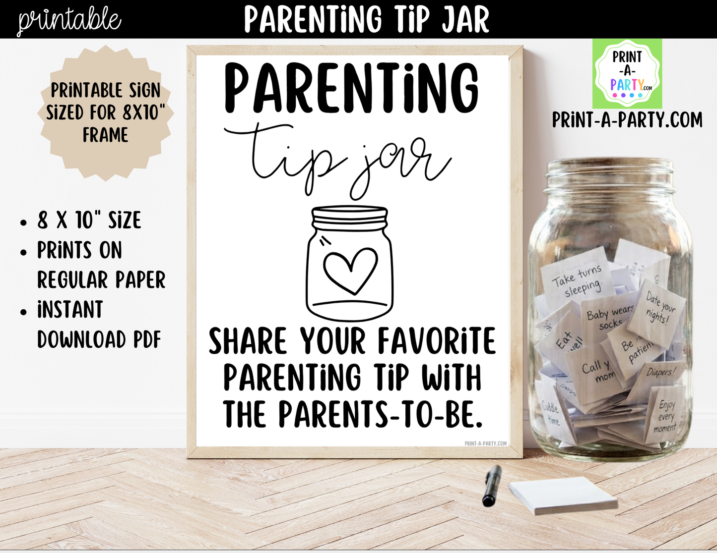 Parenting Tip Jar Printable Sign (8x10) + Tip Cards – Baby Shower or Event Decor