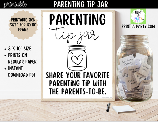 Parenting Tip Jar Printable Sign (8x10) + Tip Cards – Baby Shower or Event Decor