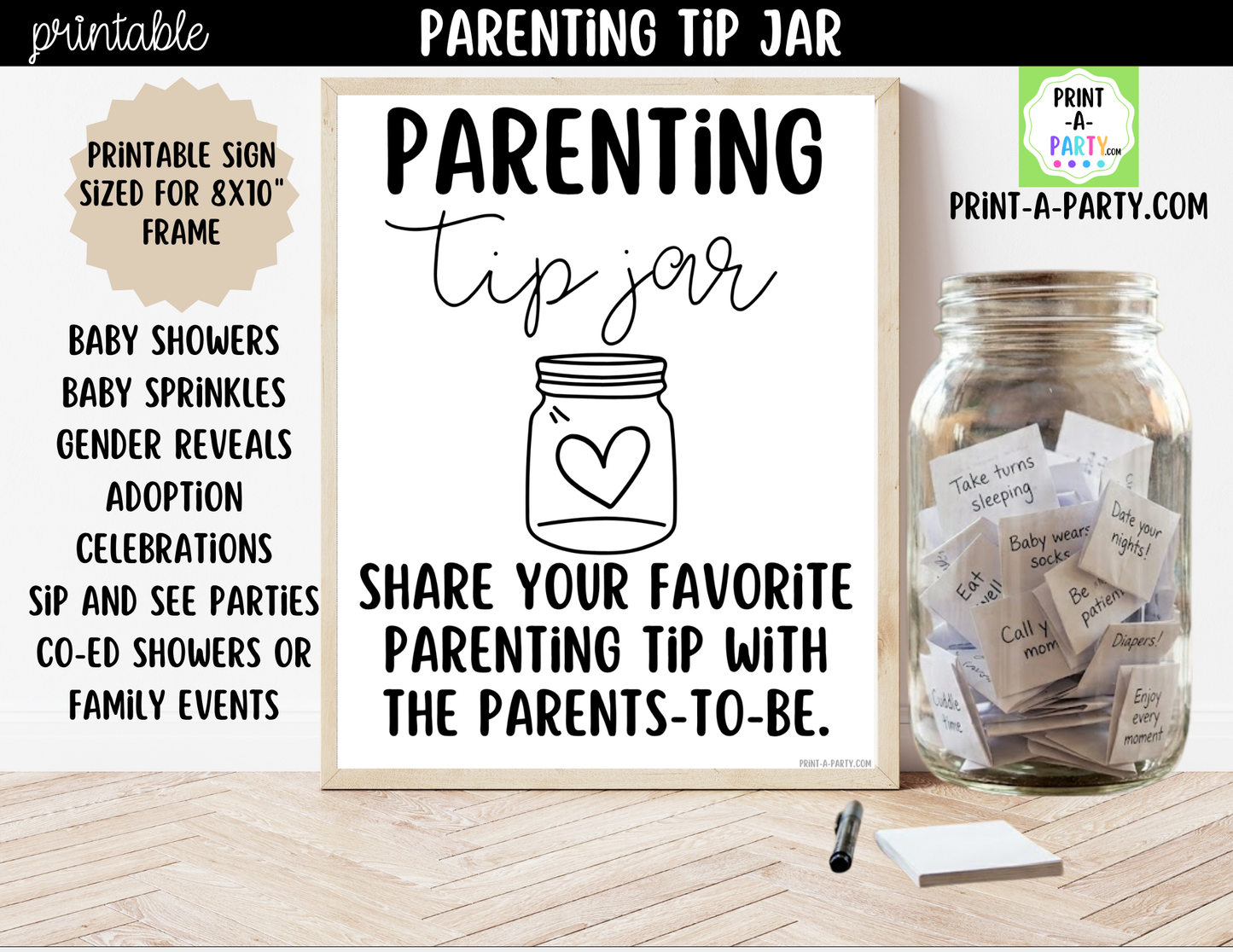 Parenting Tip Jar Printable Sign (8x10) + Tip Cards – Baby Shower or Event Decor