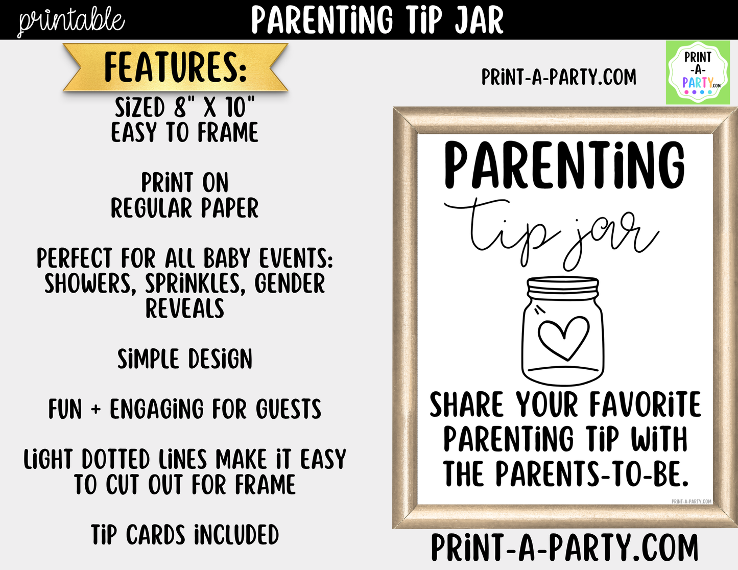 Parenting Tip Jar Printable Sign (8x10) + Tip Cards – Baby Shower or Event Decor