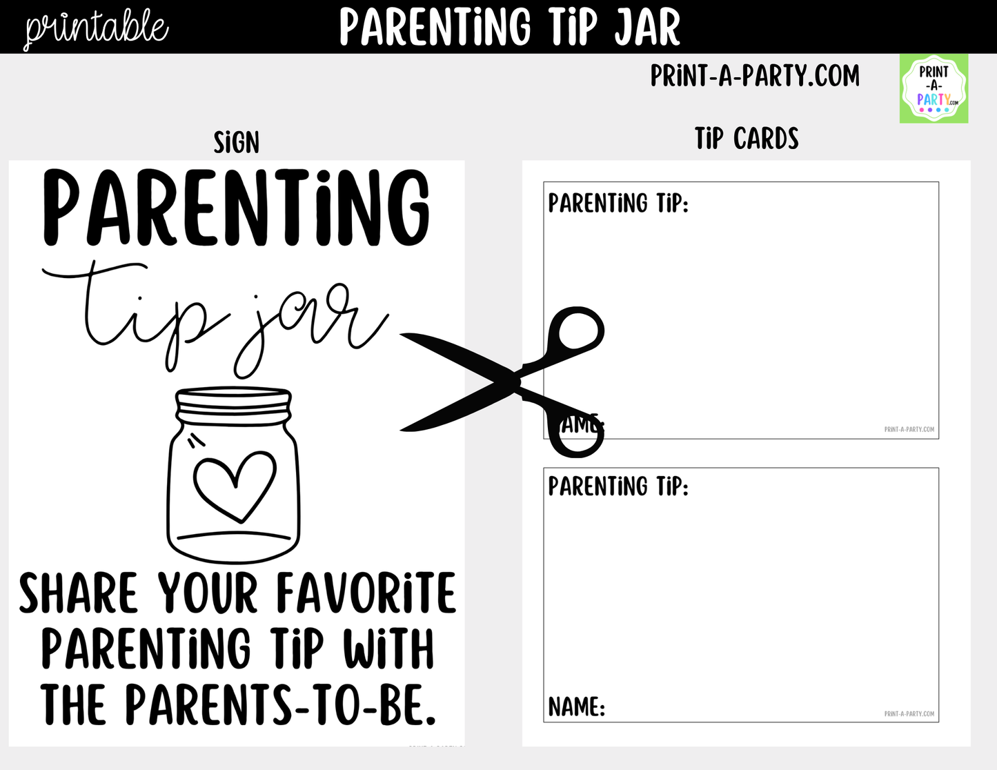 Parenting Tip Jar Printable Sign (8x10) + Tip Cards – Baby Shower or Event Decor