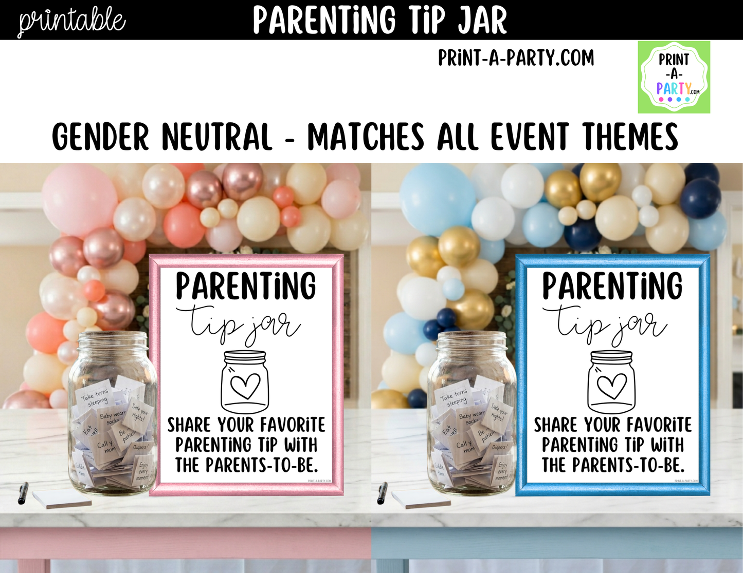 Parenting Tip Jar Printable Sign (8x10) + Tip Cards – Baby Shower or Event Decor
