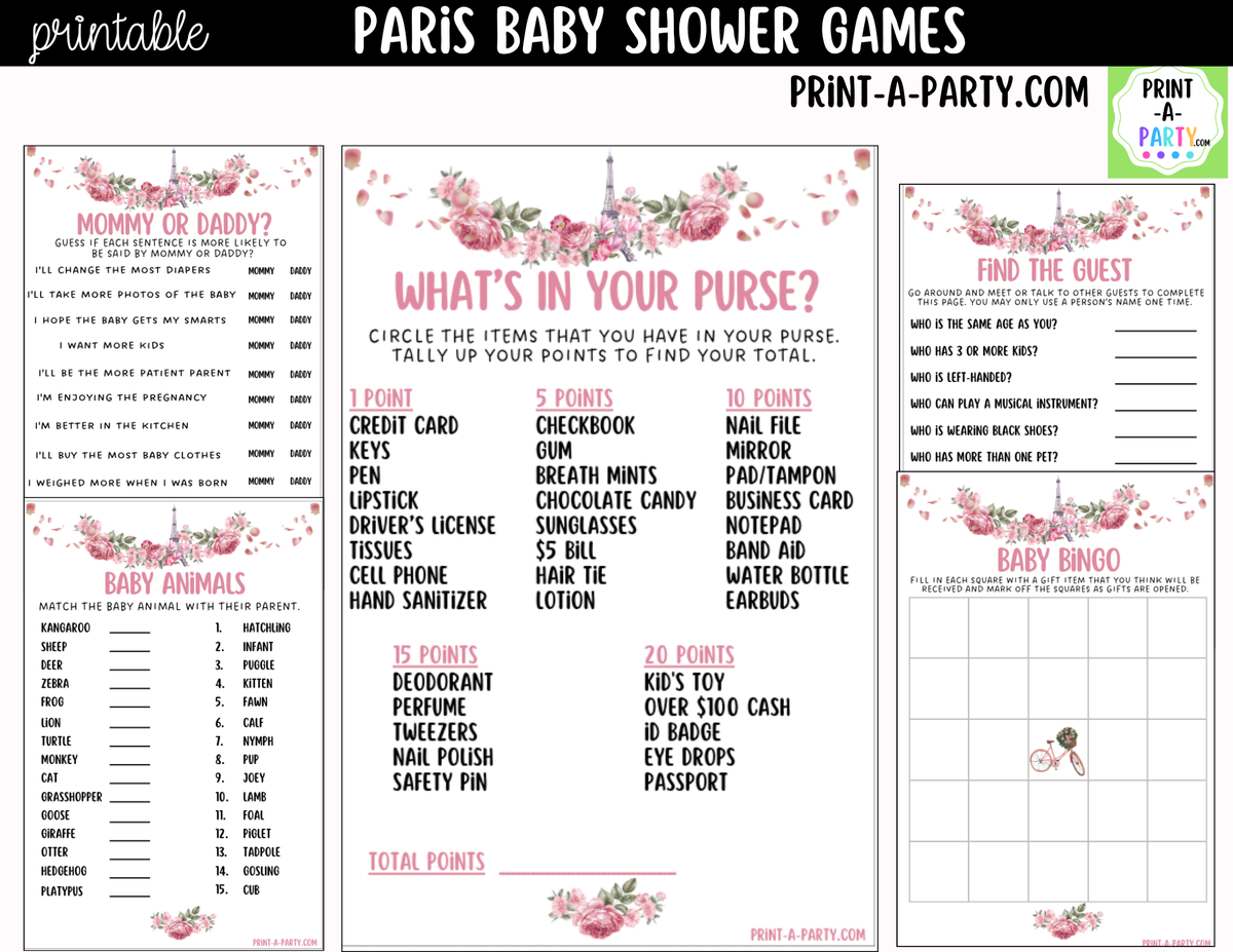 Paris Baby Shower Games Printable | Parisian Game Bundle