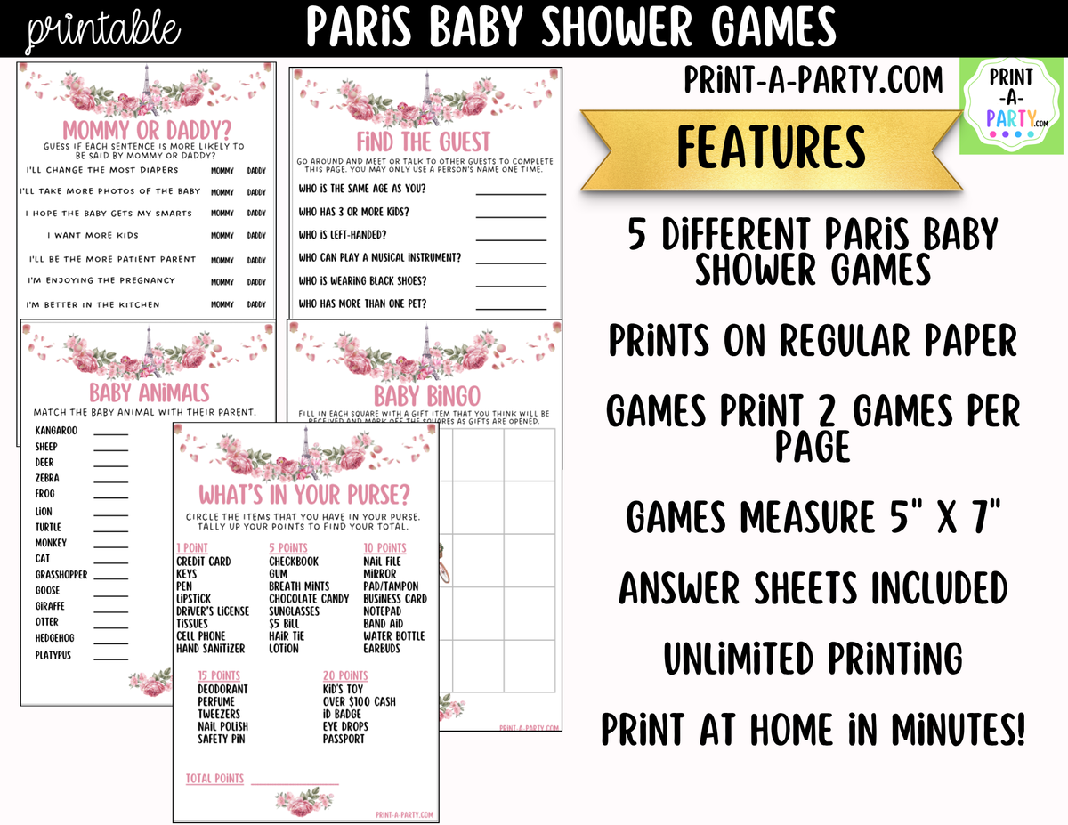 Paris Baby Shower Games Printable | Parisian Game Bundle
