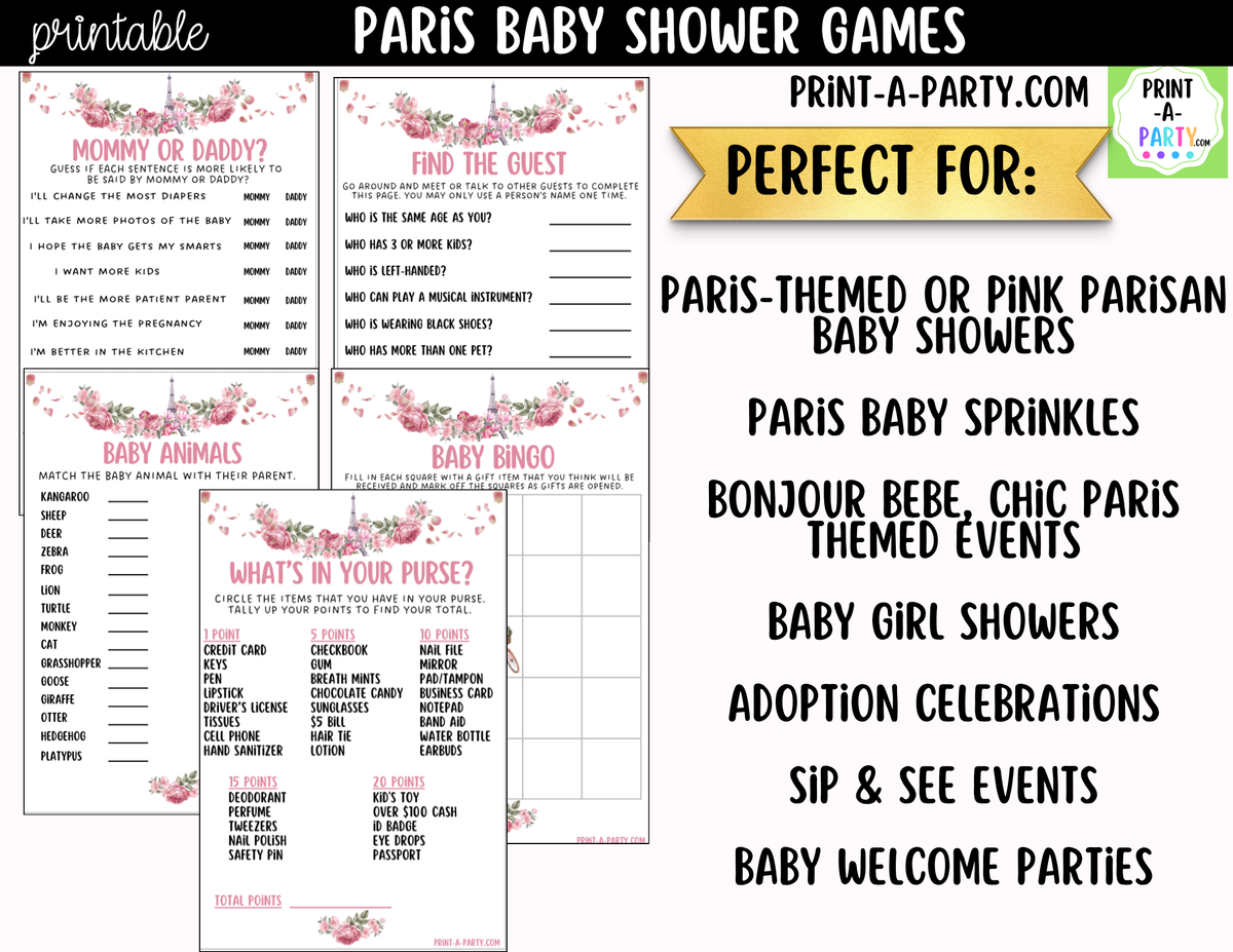 Paris Baby Shower Games Printable | Parisian Game Bundle