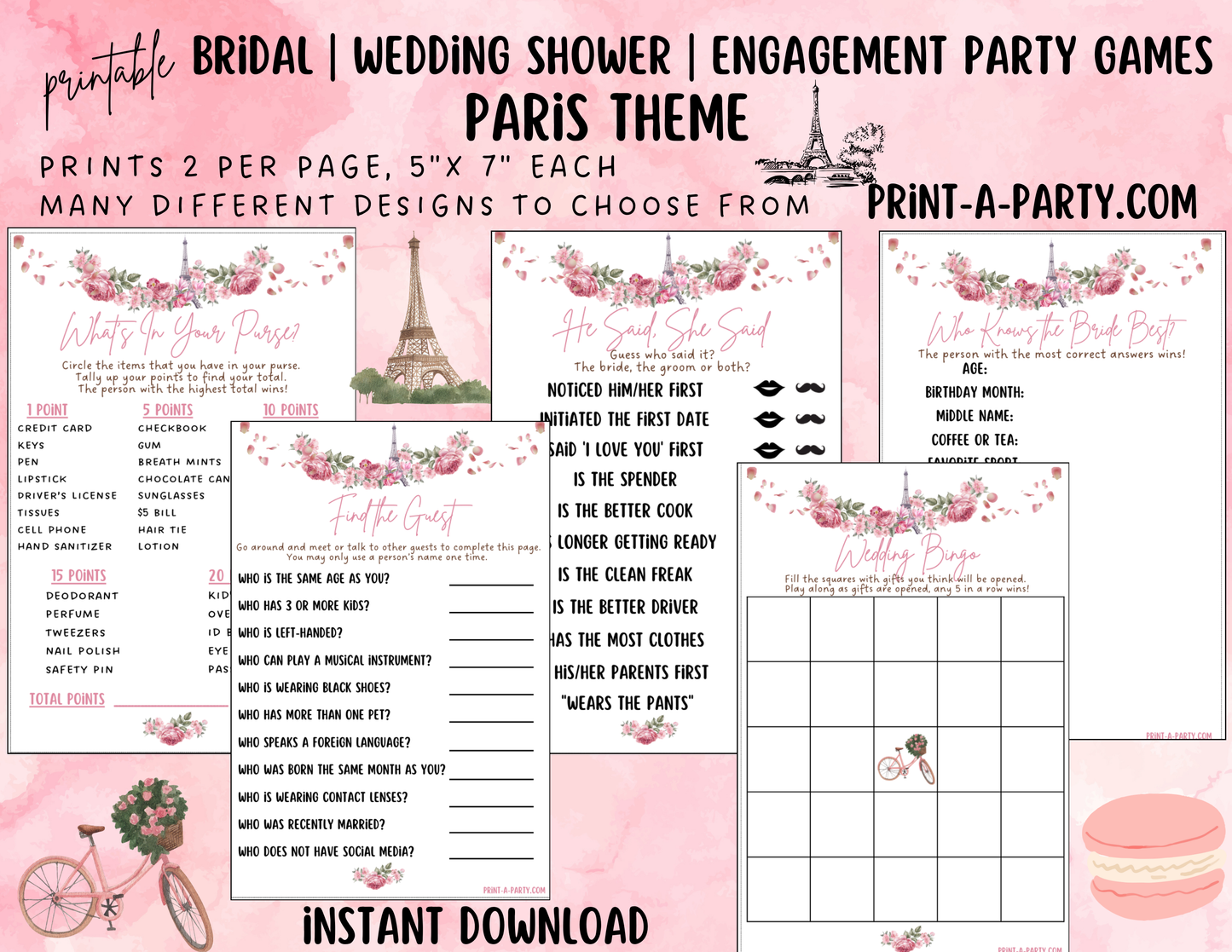 GAME BUNDLE: Bridal Paris Shower Game Bundle | Paris Bridal Theme | Paris Wedding Shower | INSTANT DOWNLOAD