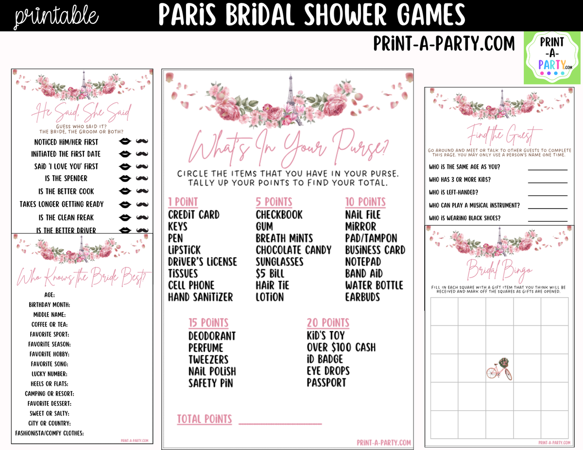 Paris Bridal Shower Games Printable | Pink Floral