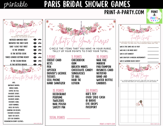 Paris Bridal Shower Games Printable | Pink Floral