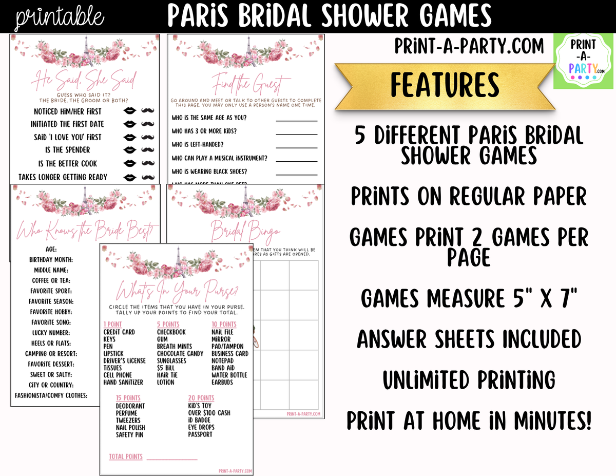 Paris Bridal Shower Games Printable | Pink Floral