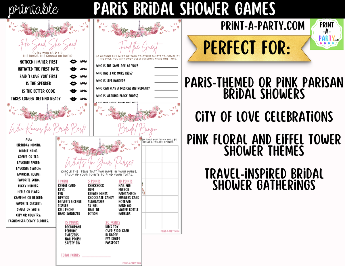 Paris Bridal Shower Games Printable | Pink Floral