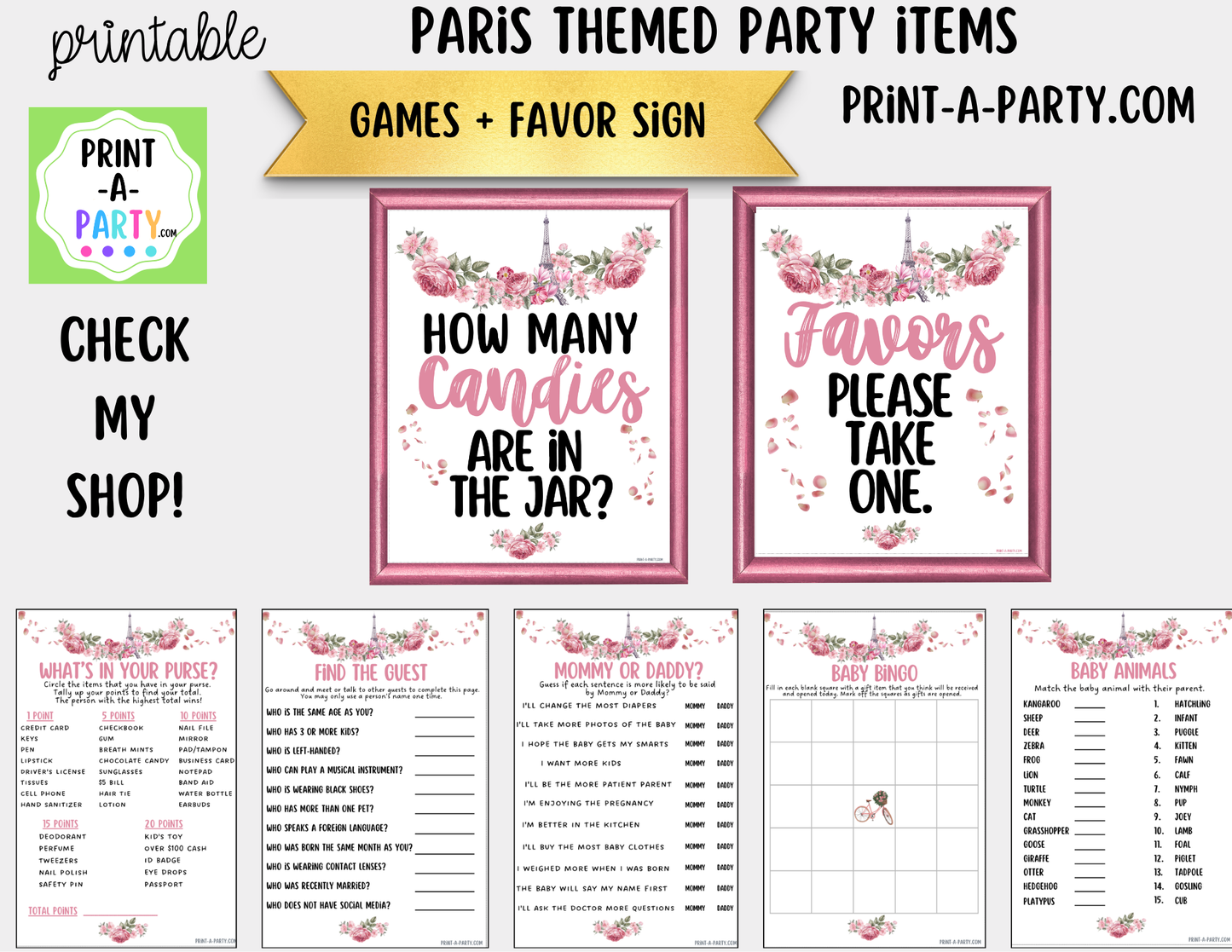 Paris Theme Candy Jar Game Printable Sign (8x10) & Guessing Cards for Parties and Showers