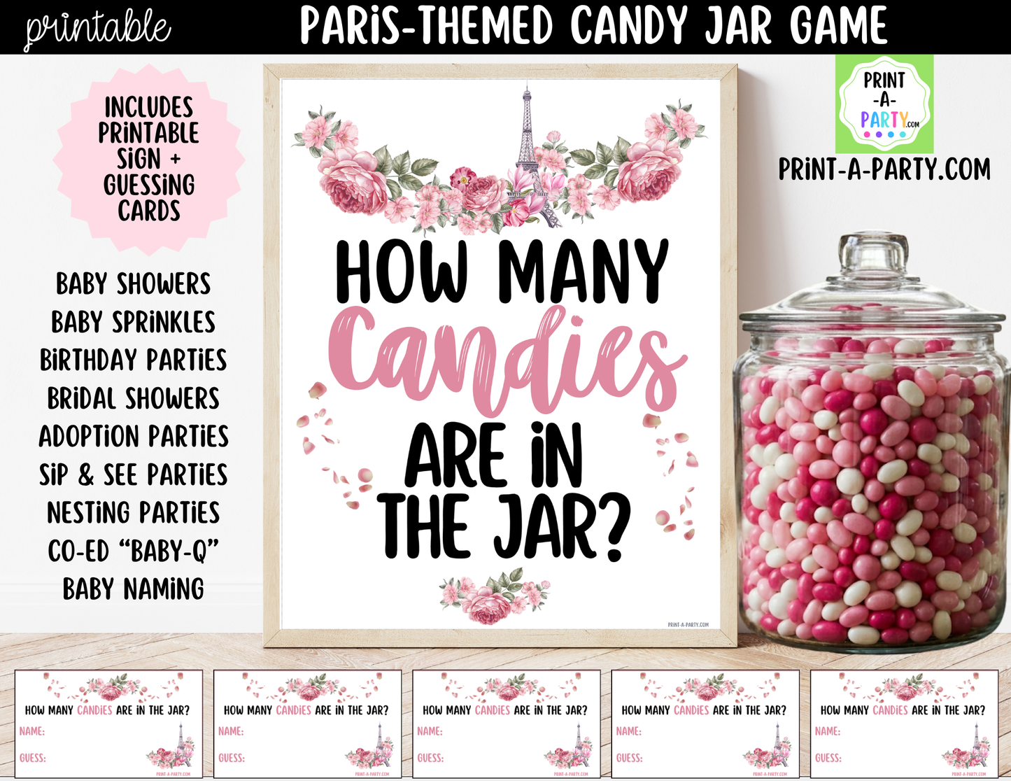 Paris Theme Candy Jar Game Printable Sign (8x10) & Guessing Cards for Parties and Showers