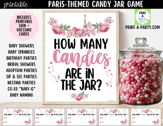 Paris Theme Candy Jar Game Printable Sign (8x10) & Guessing Cards for Parties and Showers