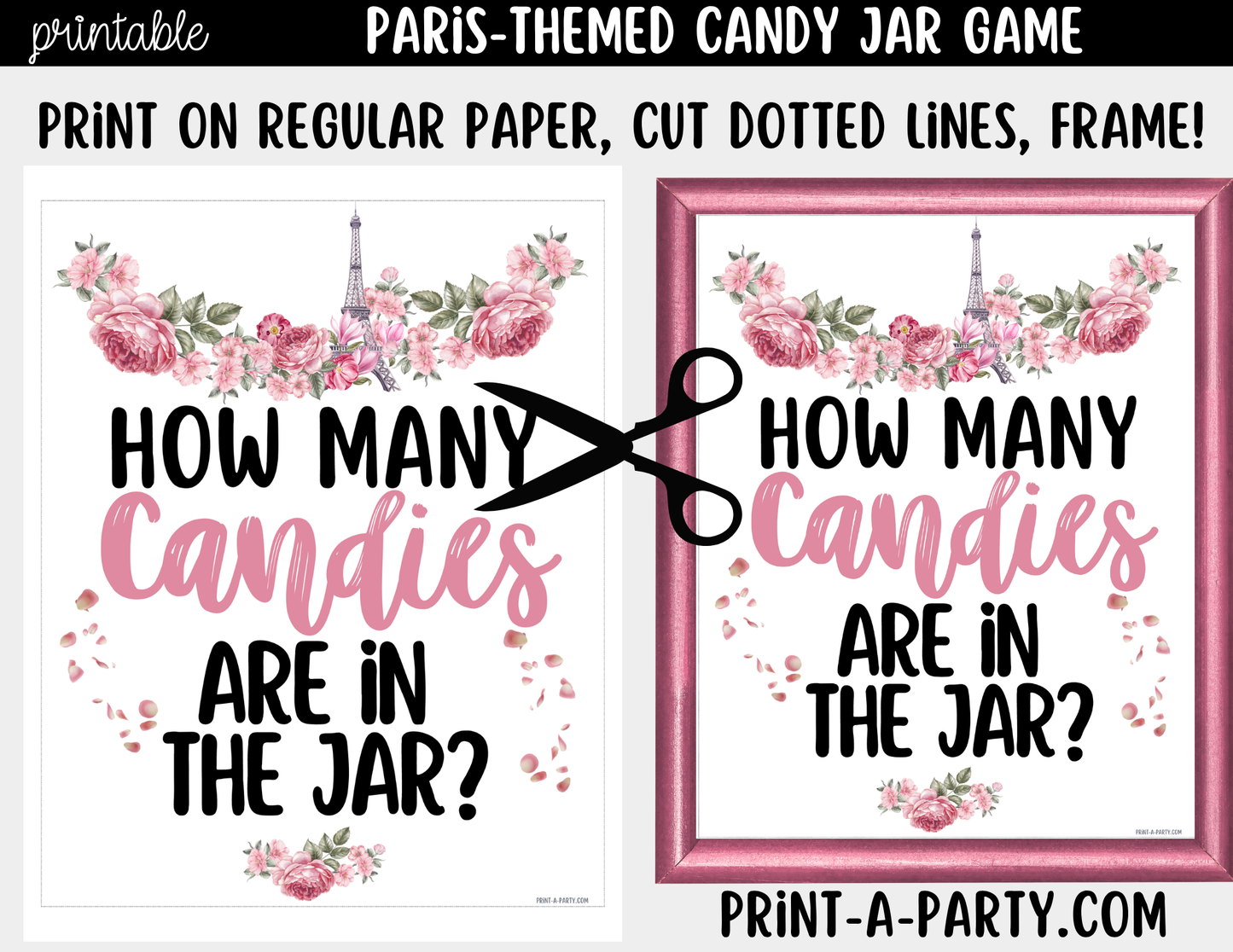 Paris Theme Candy Jar Game Printable Sign (8x10) & Guessing Cards for Parties and Showers