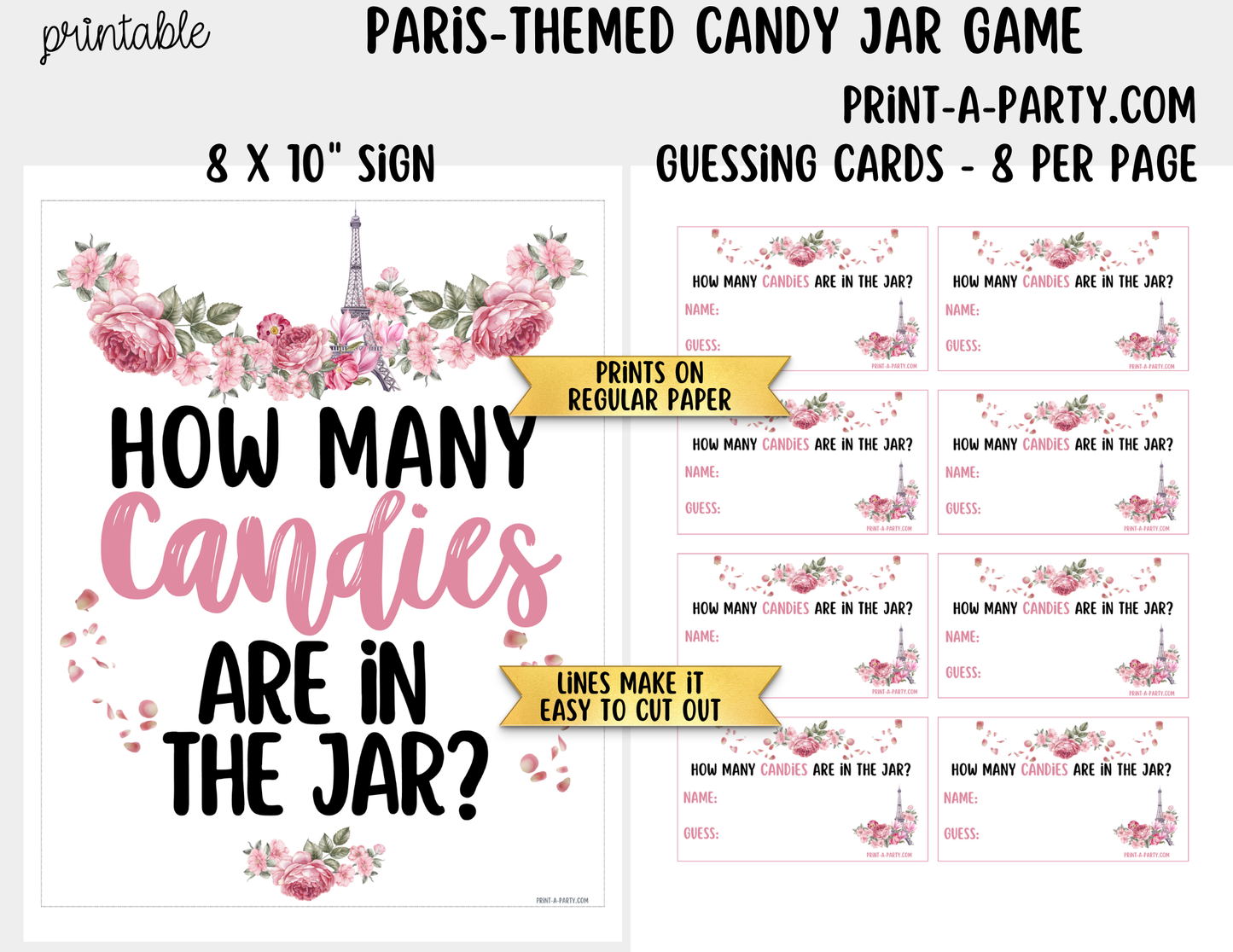 Paris Theme Candy Jar Game Printable Sign (8x10) & Guessing Cards for Parties and Showers