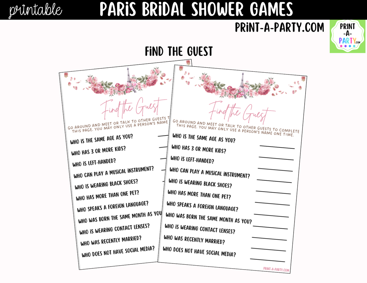 Paris Bridal Shower Games Printable | Pink Floral