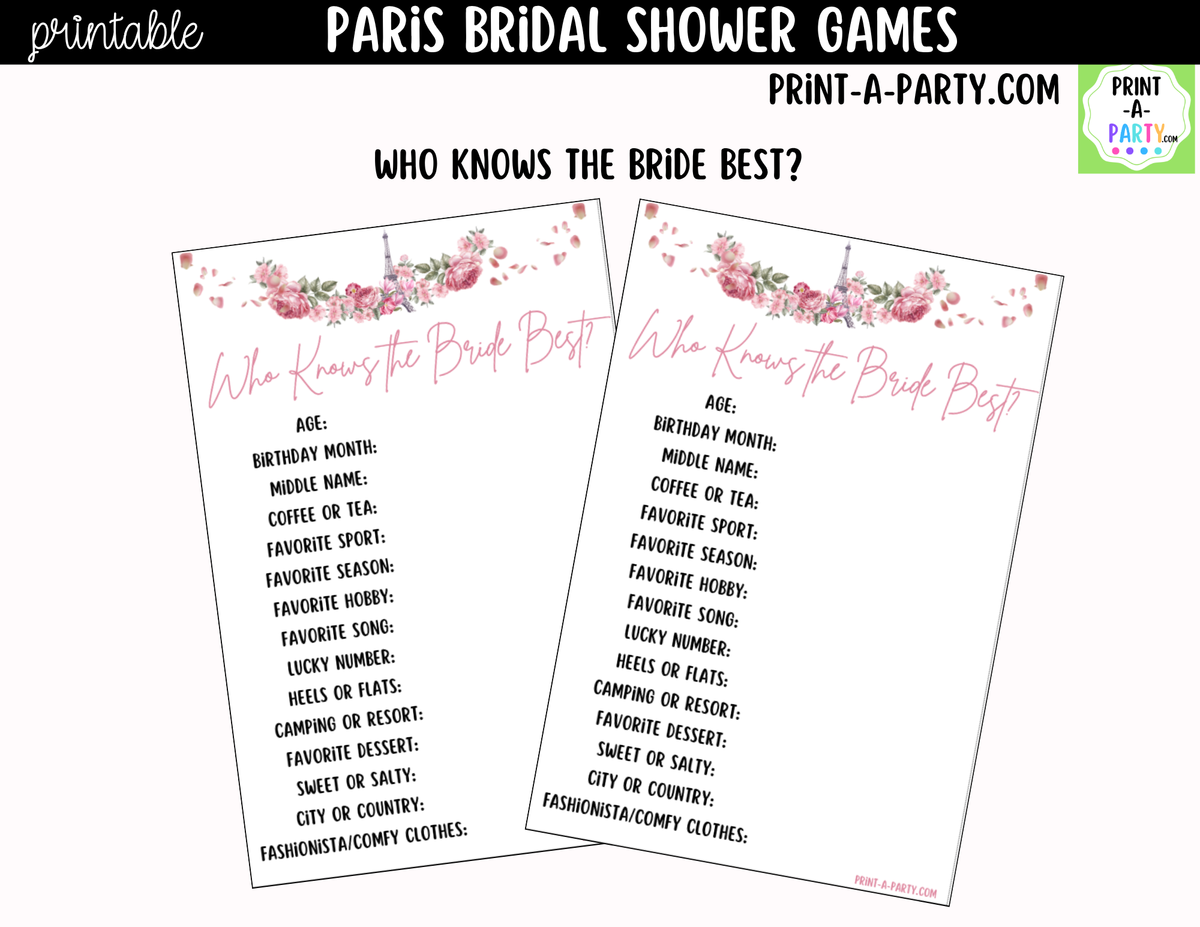 Paris Bridal Shower Games Printable | Pink Floral