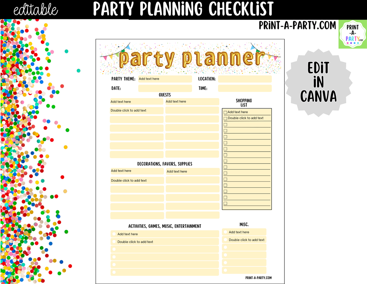 Party Planning Checklist Printable | Editable Canva Template