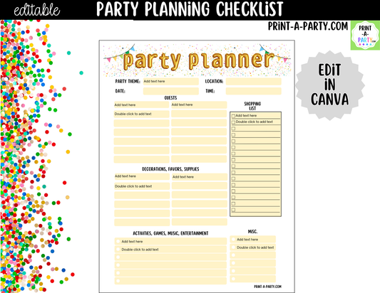 Party Planning Checklist Printable | Editable Canva Template