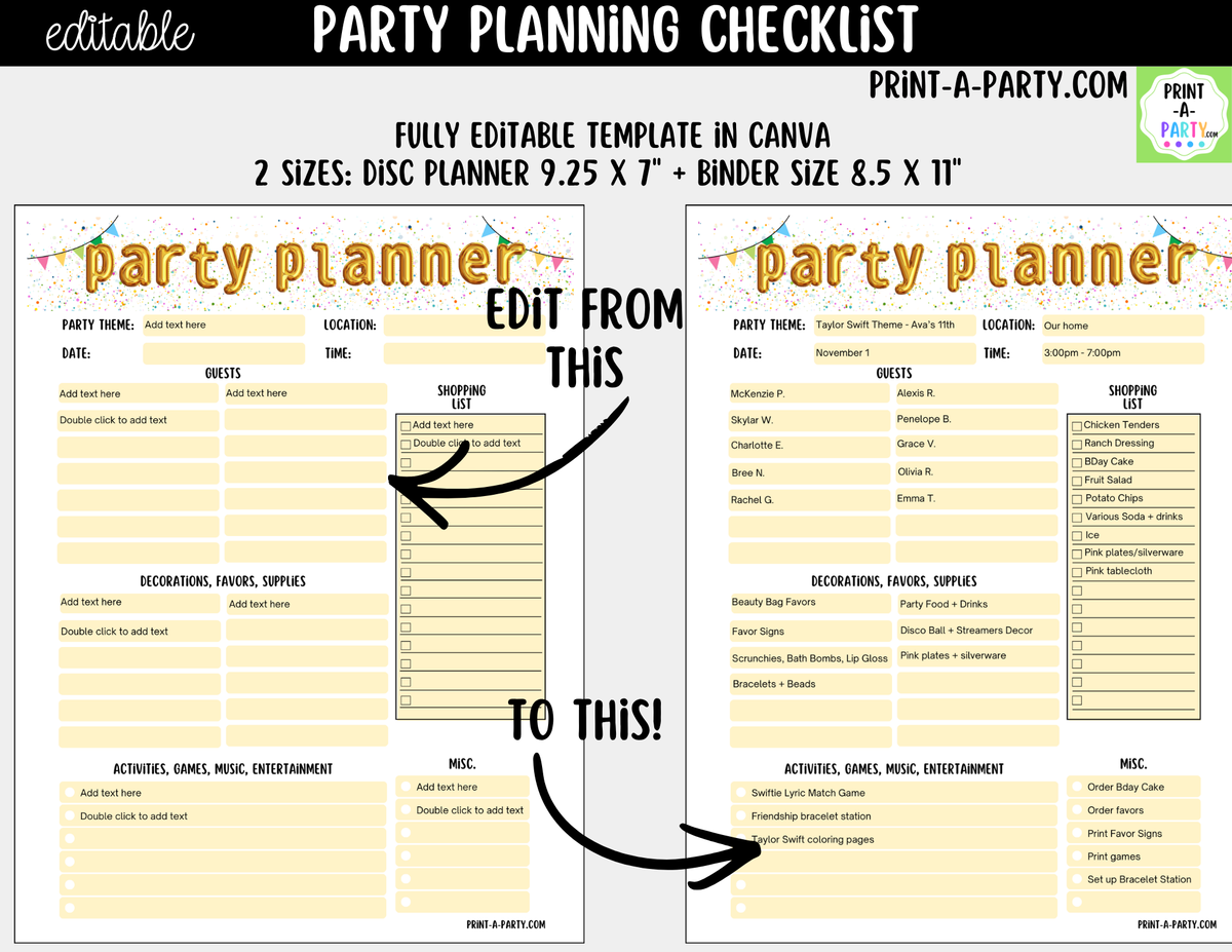 Party Planning Checklist Printable | Editable Canva Template