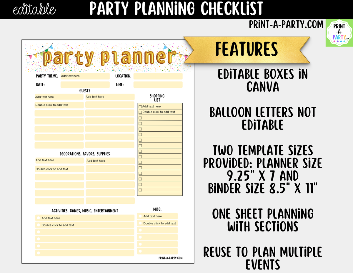 Party Planning Checklist Printable | Editable Canva Template
